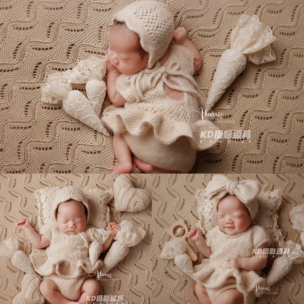 Newborn Photography Props Knitted Baby Dress+Hat Bow Headband Lace Carrot Props Studio 0-1 Month Baby Cosy Theme Photo Accessory