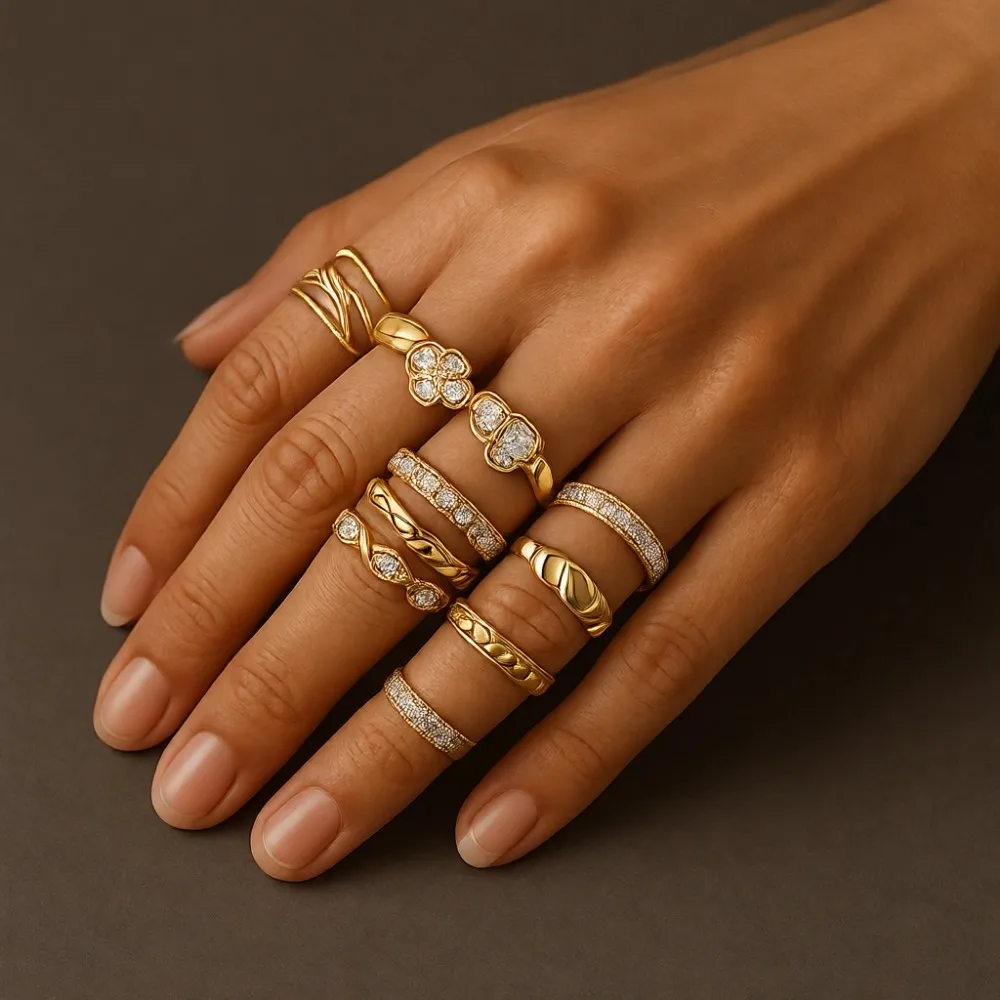 Juego de Anillos Apilables de Circonia Cúbica Chapados en Oro Que No Se Deslustran, Anillo de Eternidad para Mujer, Tallas 6 a 10