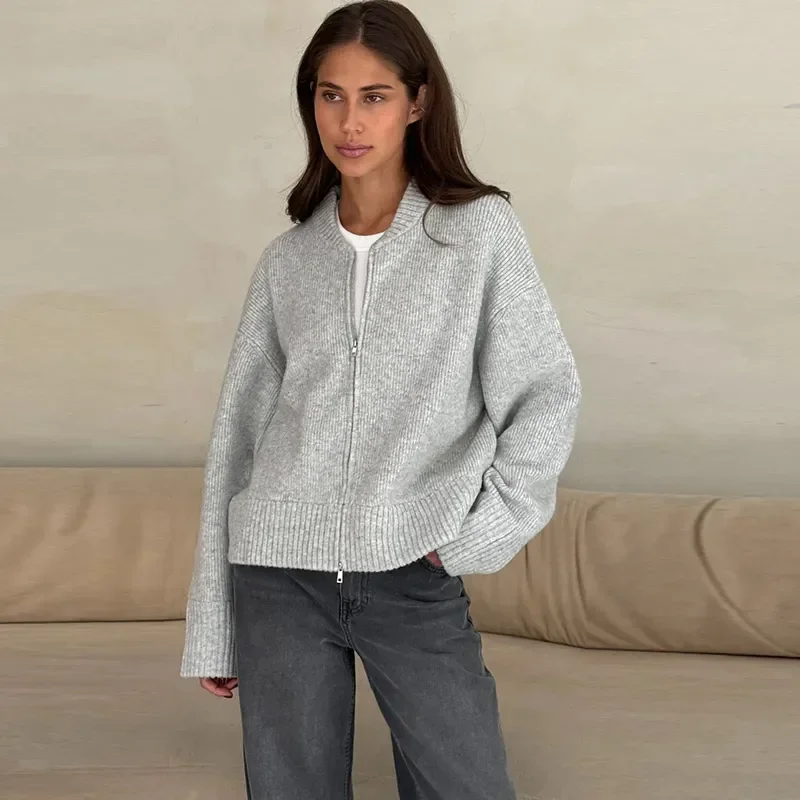 

New Vintage Knit Casual Zipper O Neck Women Cardigan Solid Color Sweater 2025 Autumn Fashion Female Women Top