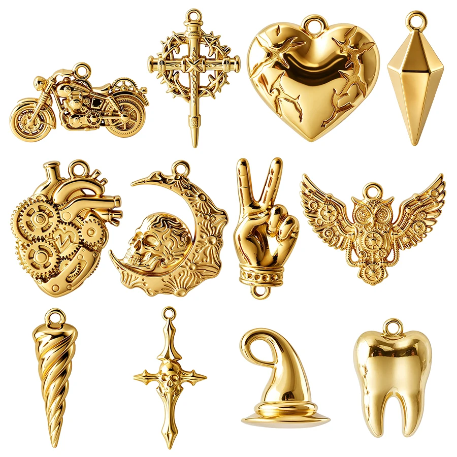6pcs 18K Real Gold Plated Steampunk Pendant DIY Stainless Steel Skull Heart Motorcycle Bulk Charms For Jewelry Making Keychains