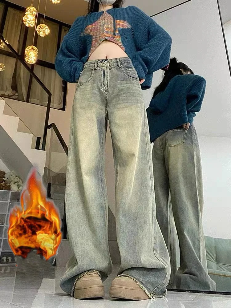 

Y2K Vintage Washed Jeans Women Fleece Lined High Waist Wide Leg Thickened Fringe Pants Autumn Winter