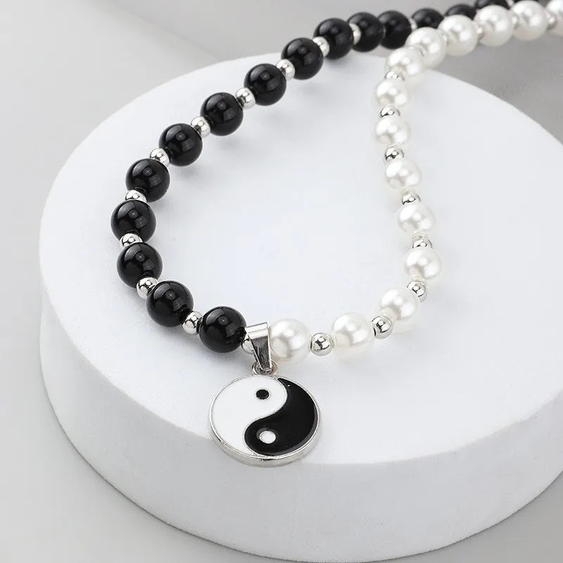 Black White Taoism Yin Yang Round Charm Beaded Faux Pearl Tai Chi Choker Necklace for Men Women Protection Lucky Jewelry Gifts