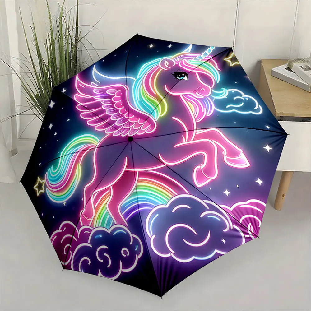 1PC Neon Unicorn Design Umbrella with Rainbow and Clouds Print 8 Iron Ribs Folding Umbrella Auto-Open Fashion Sunshade