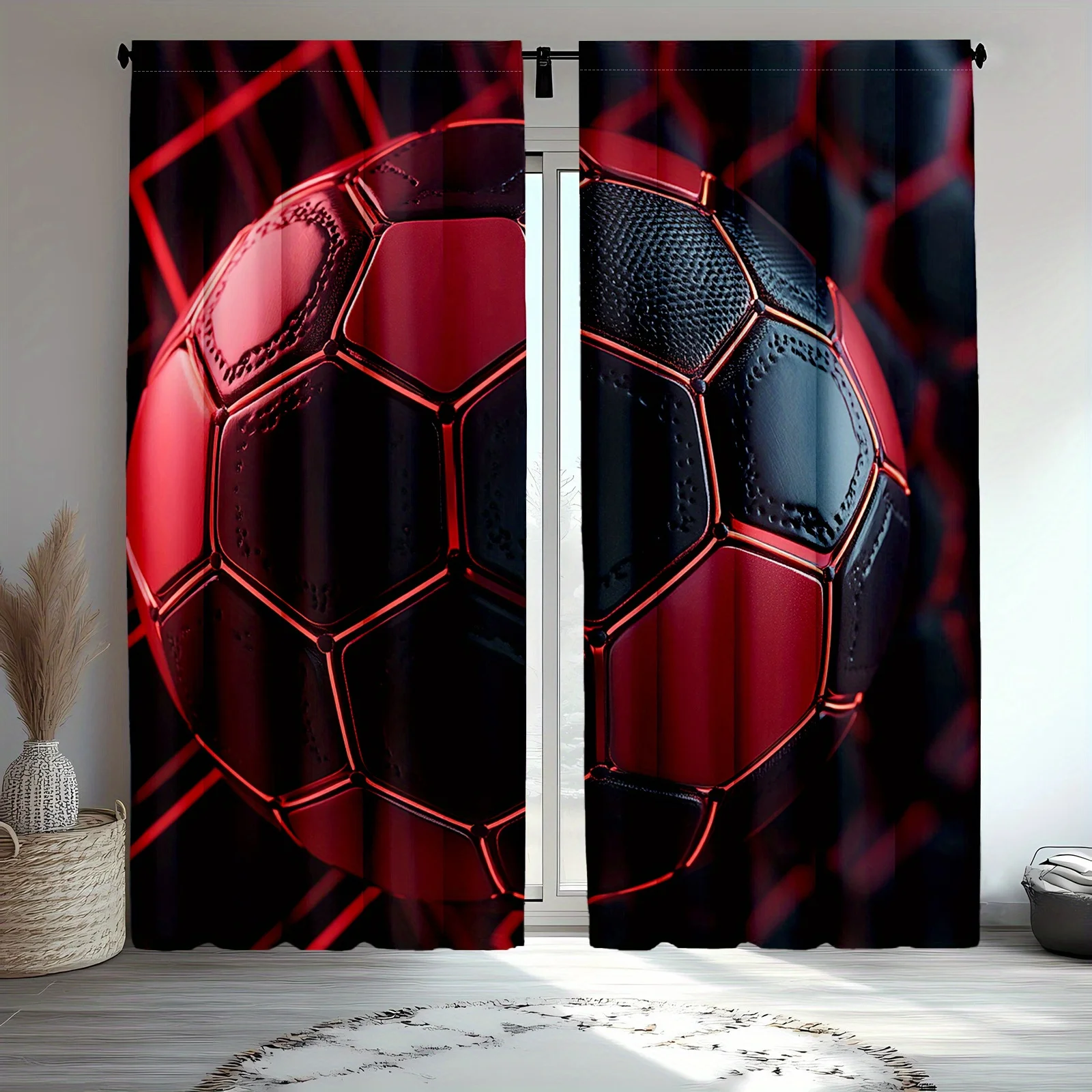 Dramatic Soccer Ball Curtain Red Black Sport Theme Window Drapes Modern Athletic Living Room Home Decoration