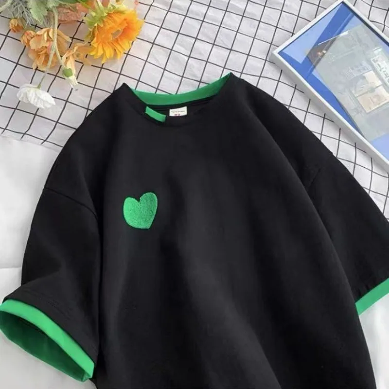 T shirt Women Summer Cotton Korean Fashion Heart shaped Embroidery Designer Oversized Clothes Women Tops Round Neck Short Sleeve