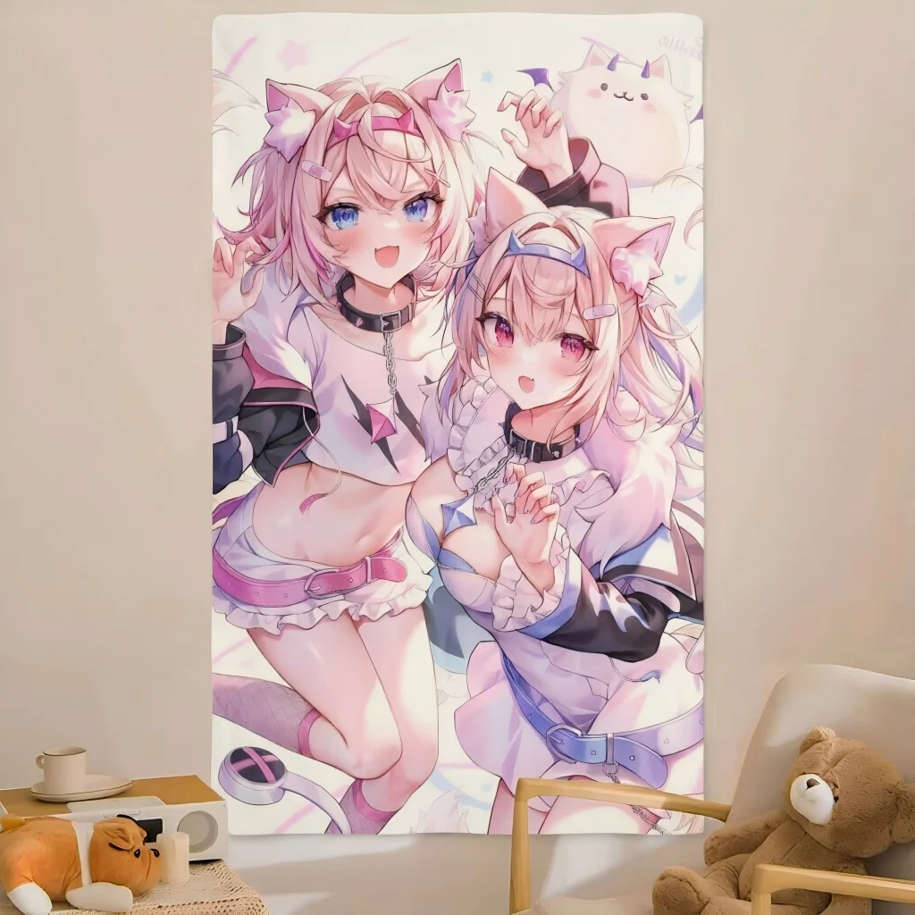 Y2K Kawaii Twin Neko Cat Girl Tapestry Pastel Horn Headband Fishnet Ghost Anime Print Wall Hanging Teen Girls Dorm Decor Gift