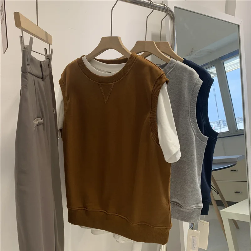 

Women's Casual Crew Neck Sleeveless Sweatshirt Vest, Loose Fit Solid Color Knit Trim Tank Top, Layered Style Basic Outerwear