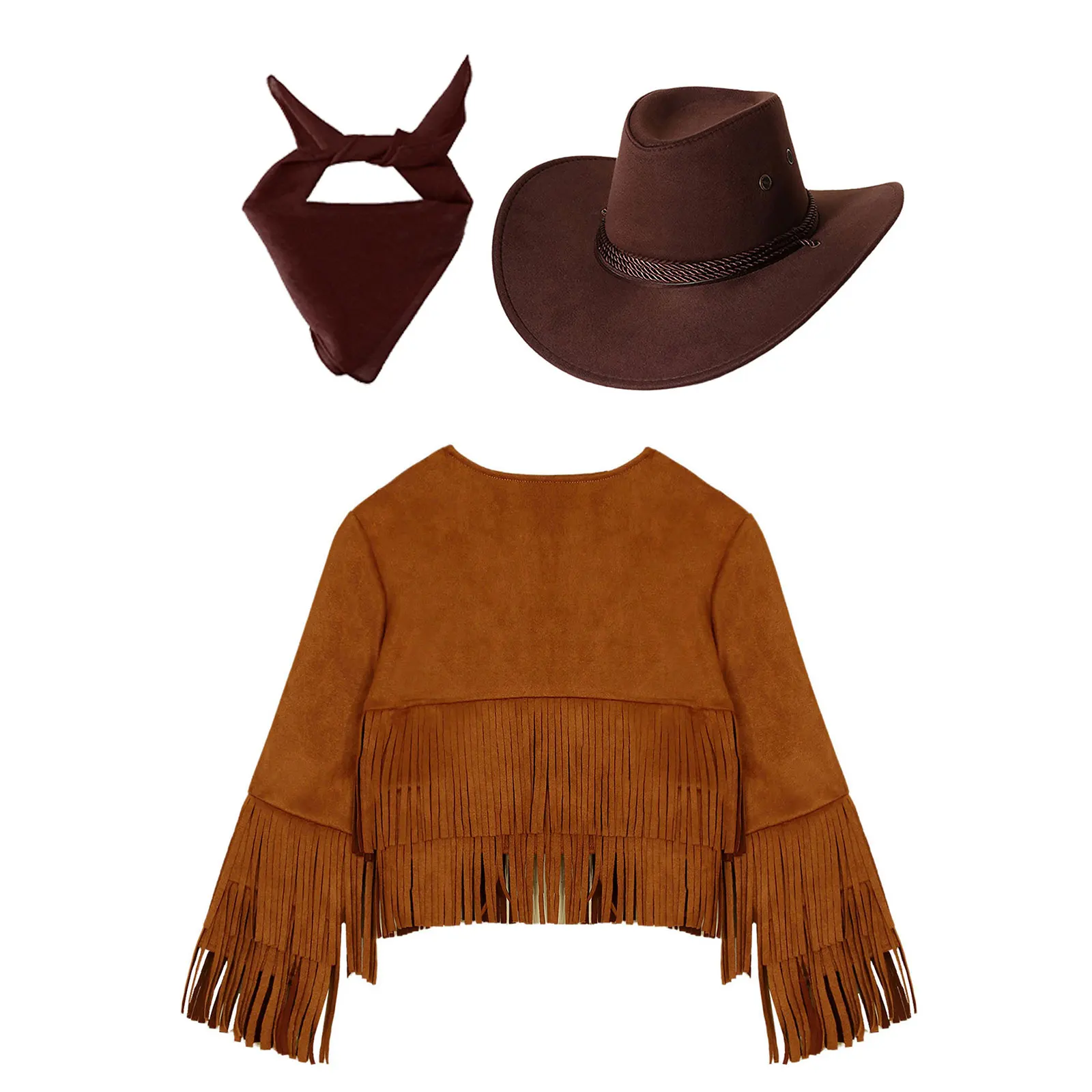 Unisex Kids Western Cowboy Costume Open Front Cowboy Suede Vest Tassels Fringe Waistcoat And Hat Bandanna Set Halloween Dress Up view 4