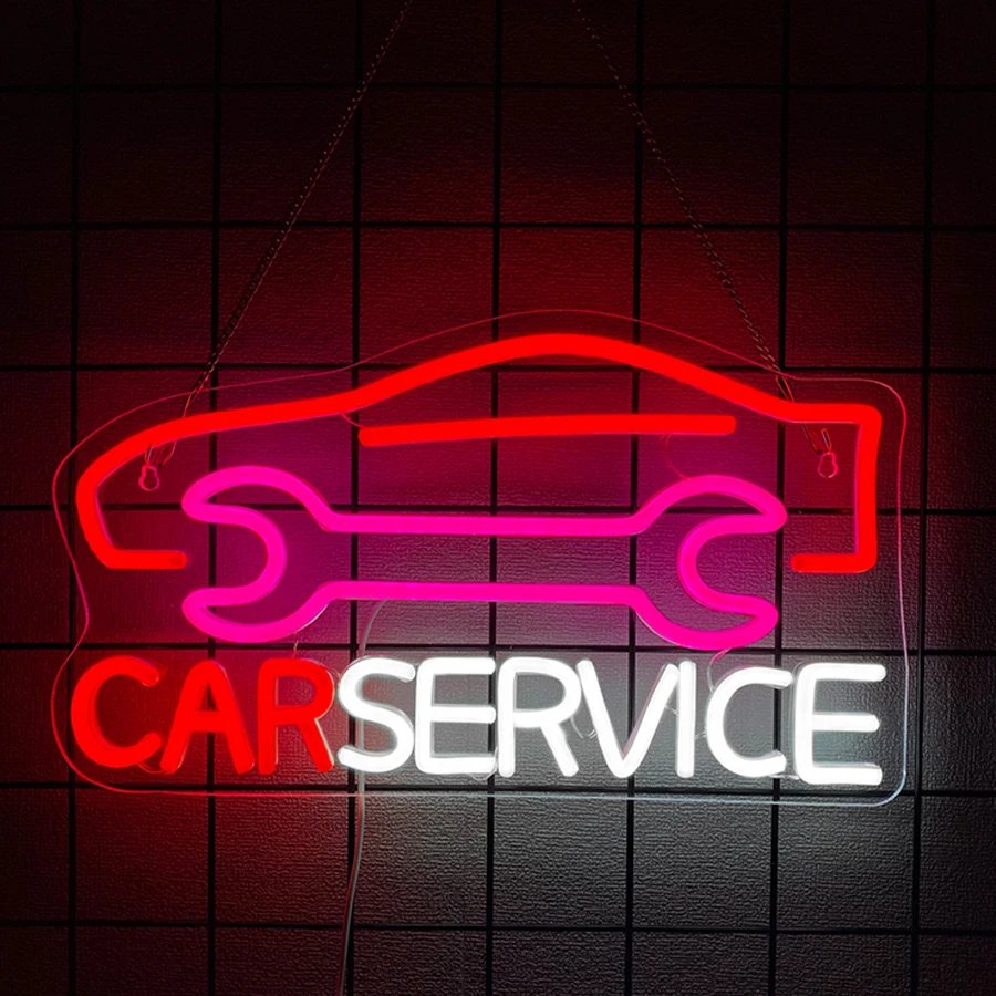 Car Service USB LED Neon Sign, Car & Wrench Neon Light for Auto Shop Garage Workshop Man Cave Wall Decor, Gift for Car Lovers