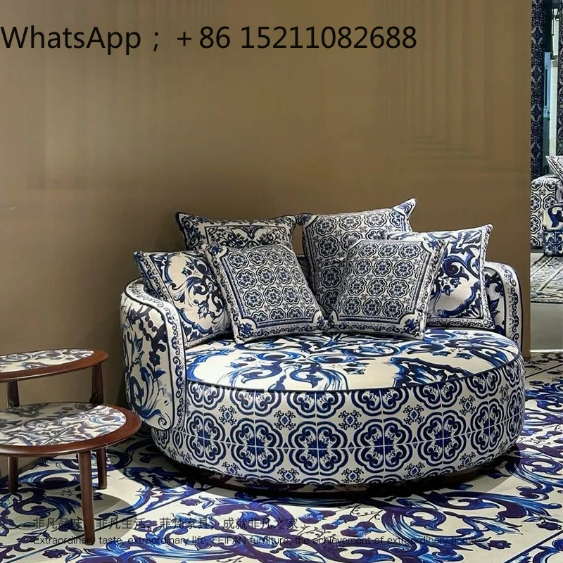 SCY high-end blue and white porcelain fabric sofa villa mansion artistic home backrest sofa