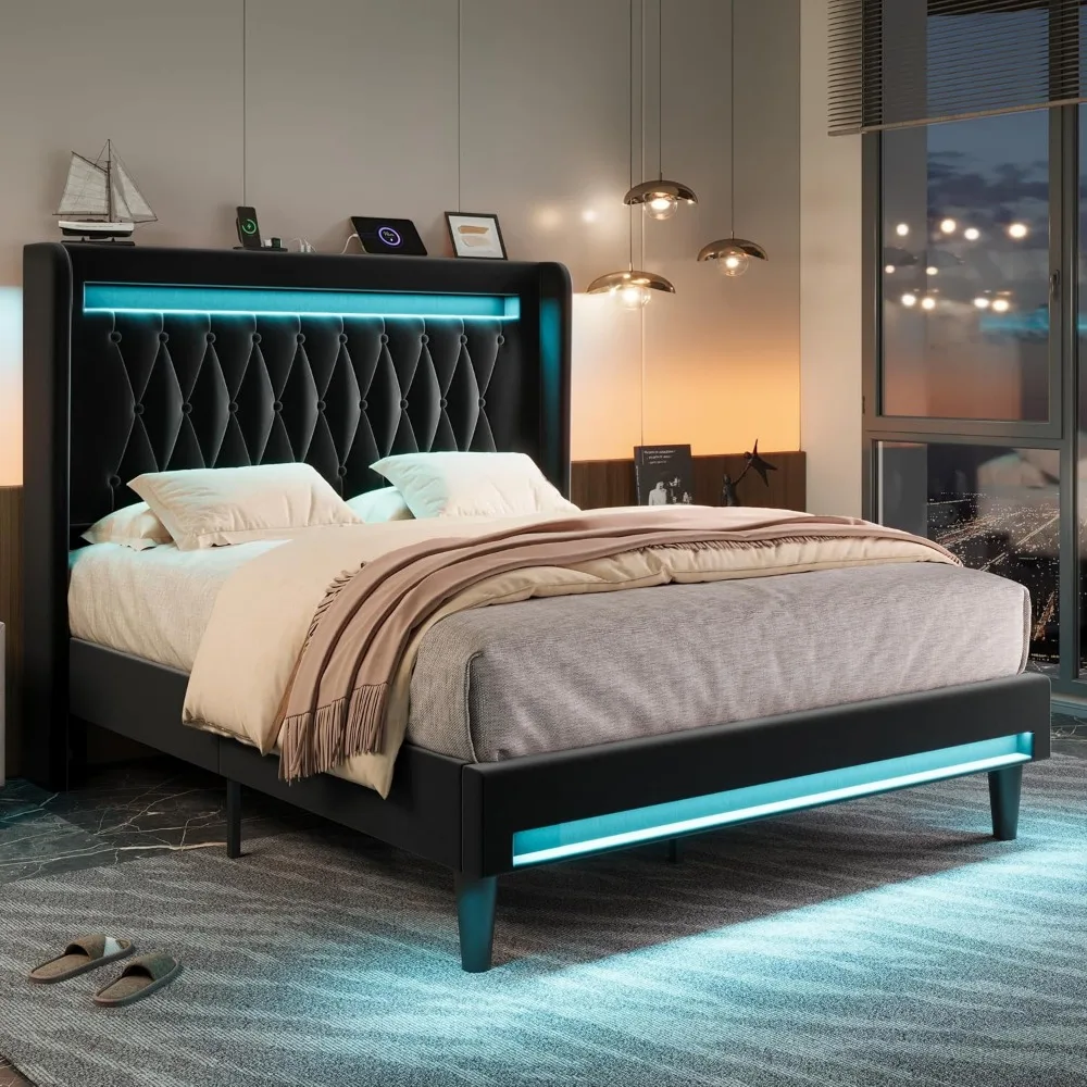 Queen Size Platform Bed Frame with LED Lighting and Charging Station, Button Tufted High Headboard, Wingback Design by Allewie U