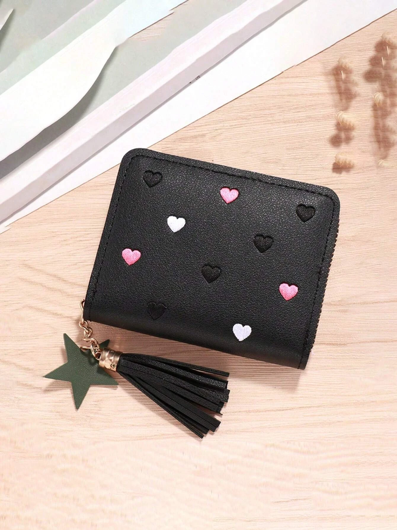 

womens pu tassel decor small wallet short card bag coin purse small wallet lightweight bi-fold money id card lady girls gift hea