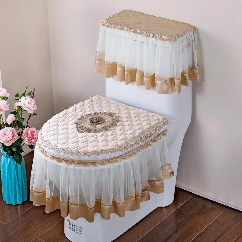 European Style Toilet Mat Three-piece Set Four Seasons Universal Dust-proof Toilet Cover Zippered Lace Hem Toilet Ring Covers