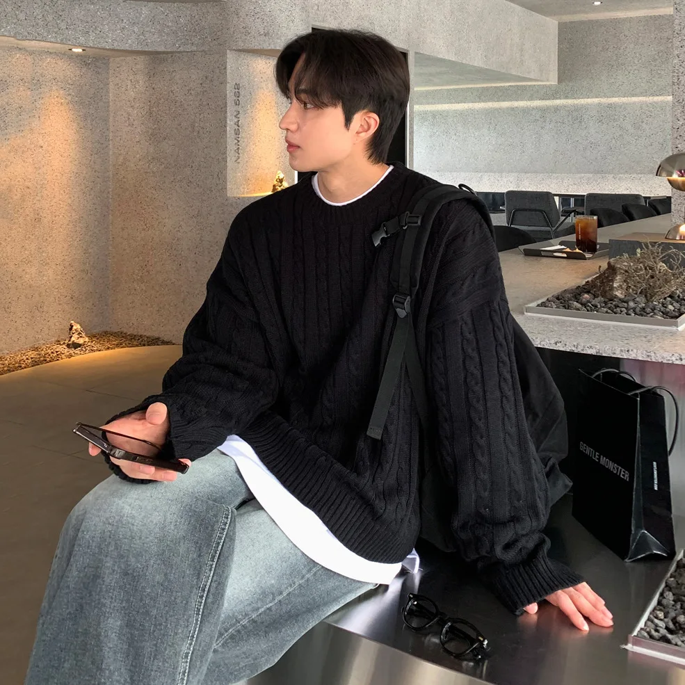 

2025 Autumn Winter New Men Versatile Round Neck Long Sleeve Top Black Inner Layer Base Shirt Loose Trendy Knitwear