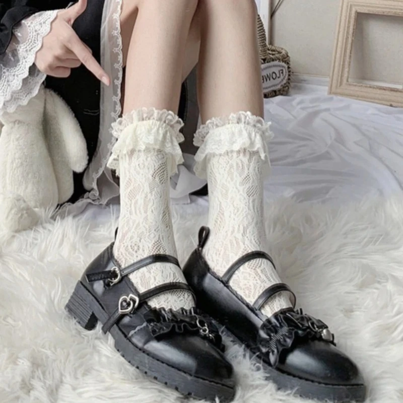 Women Japanese Style Lolita Cute Lace Trim Beige Mid-Calf Socks Summer Thin Sexy Slim-fit Hollow Mesh Sweet Princess Crew Socks