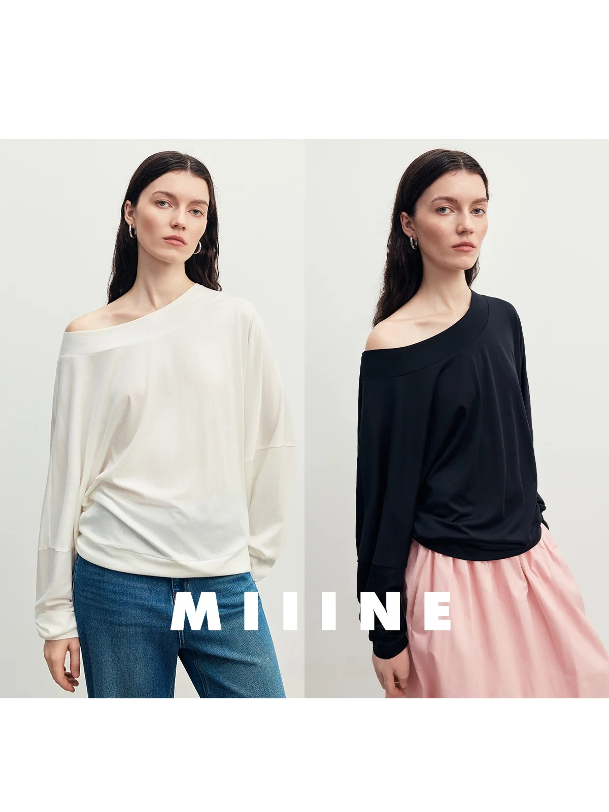 

MIIINE Casual Sle Long Sve T-irt oulder Bared Loose Fit Modal Mixed Wool Batwing Sve Women's Autumn Faion