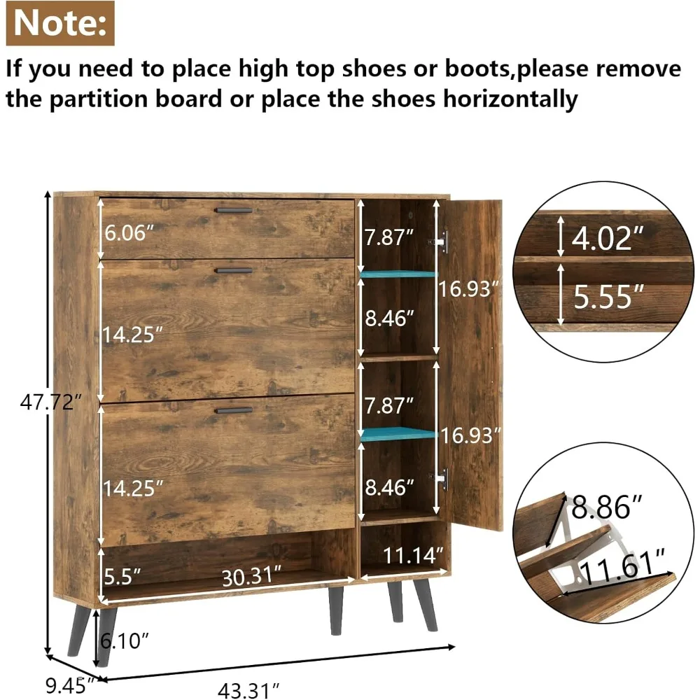 narrow 3 tier entryway hidden sho，shoe storage cabinets, 16 pairs free standing shoe organizer with 2 flip drawers for entryway