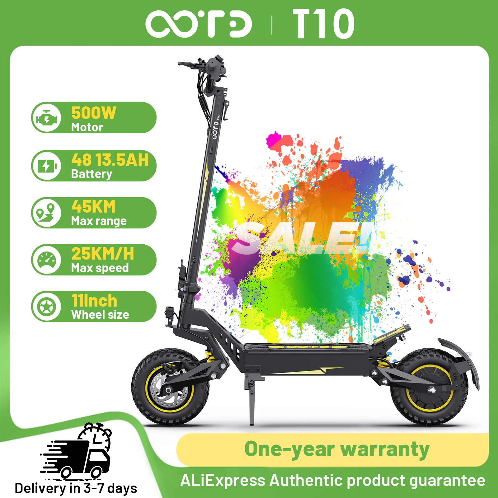 OOTD T10 Peak City Elektroroller, 500W Motor, 48V 13,5AH Akku, 11 Zoll Tragbarer Roller mit 25KM/H Geschwindigkeit und 60KM Reichweite