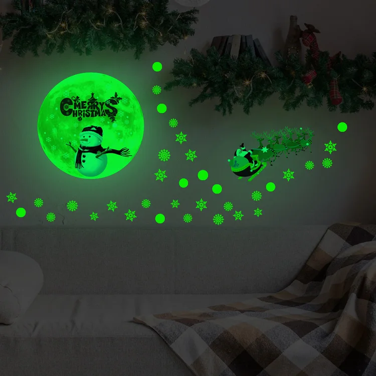 Weihnachtsmond-Schneeflocken-Leuchtwandaufkleber für Kinderzimmer, Schlafzimmer, Heimdekoration, Aufkleber, die im Dunkeln leuchten, Neujahrstapete – Detail 3
