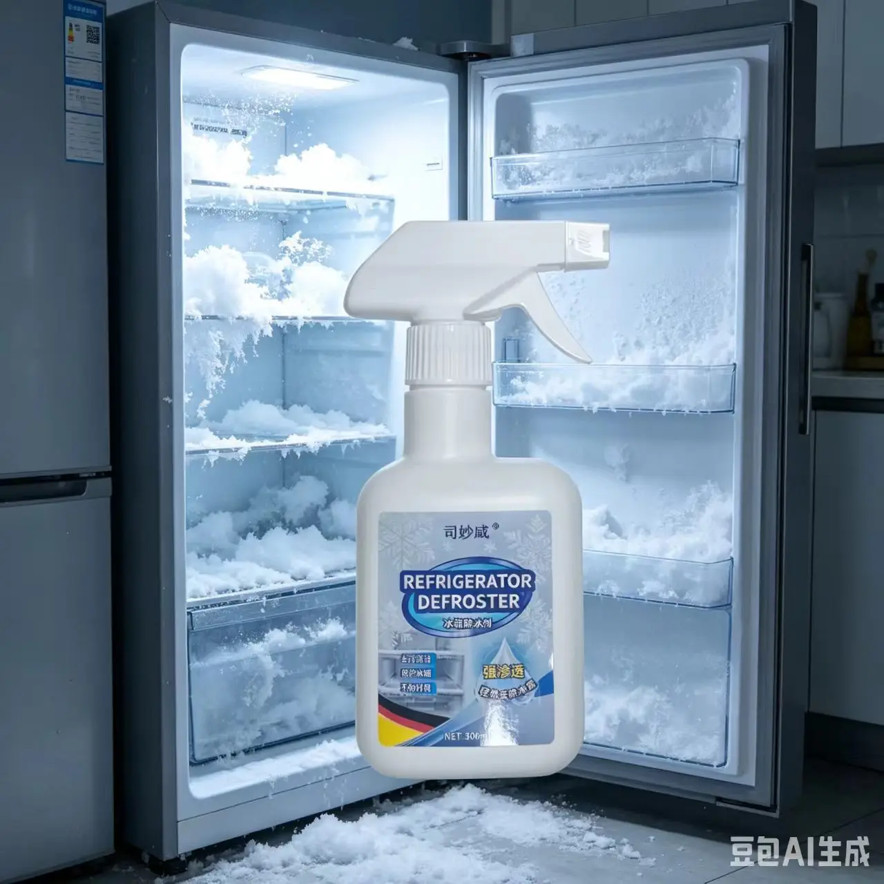 Refrigerator defrosting and cleaning agent, household quick defrosting and non removable refrigerator, dirt and odor removal