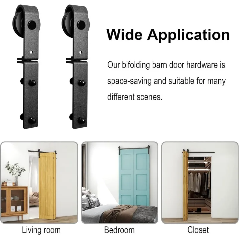 مجموعة أدوات باب الحظيرة المنزلقة ثنائية الطي مقاس 96 بوصة لبابين، تنزلق بسلاسة وهادئة، أسطوانة على شكل حرف J للمسار الأسود، بدون باب