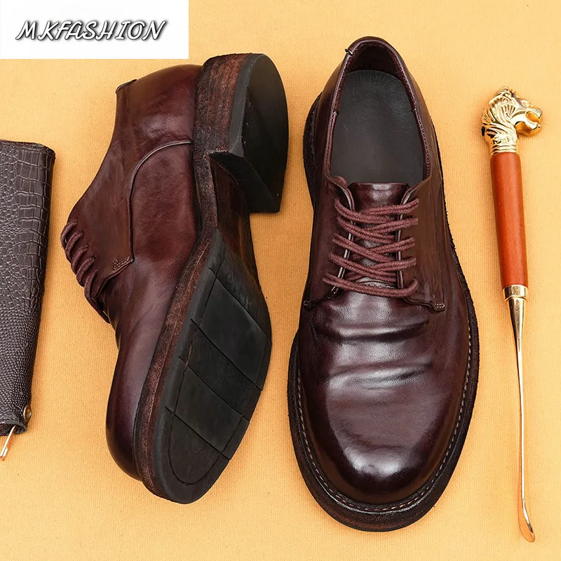 Men Business Casual Shoes Genuine Leather Round Toe Thick Soled Lace Up Retro Footwear Size 38-44