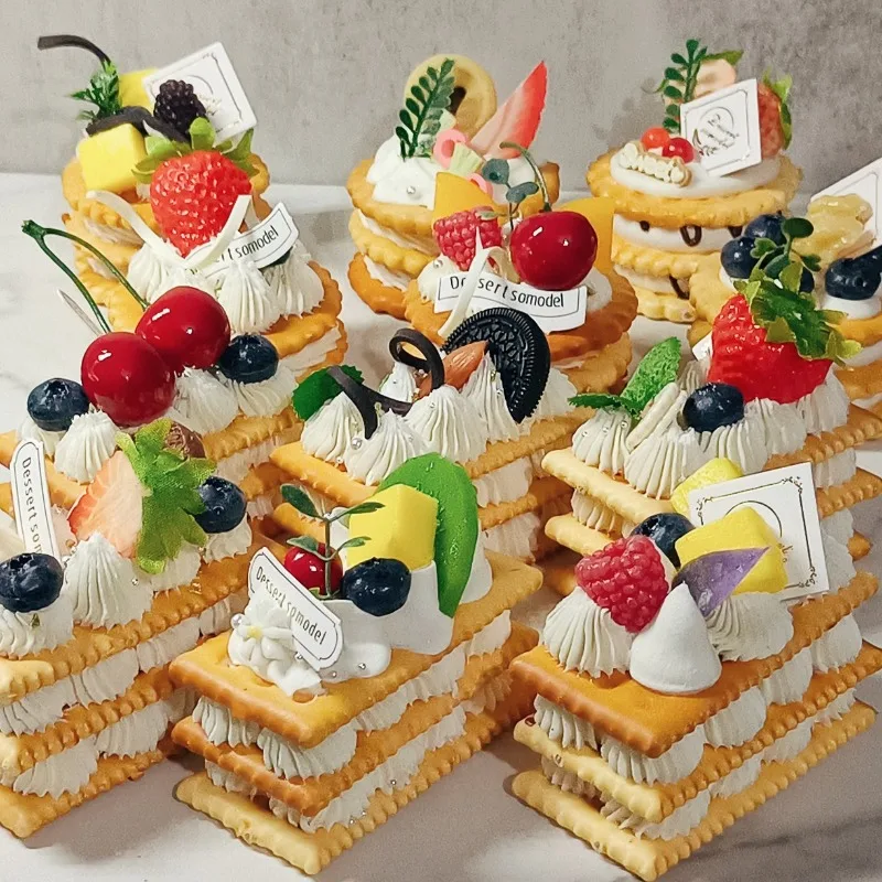 Artificial 3-Layer Sandwich Cookie Bread Cream Cake Model, Fake Pastry Dessert Table Ornament, Window Display Photography Prop