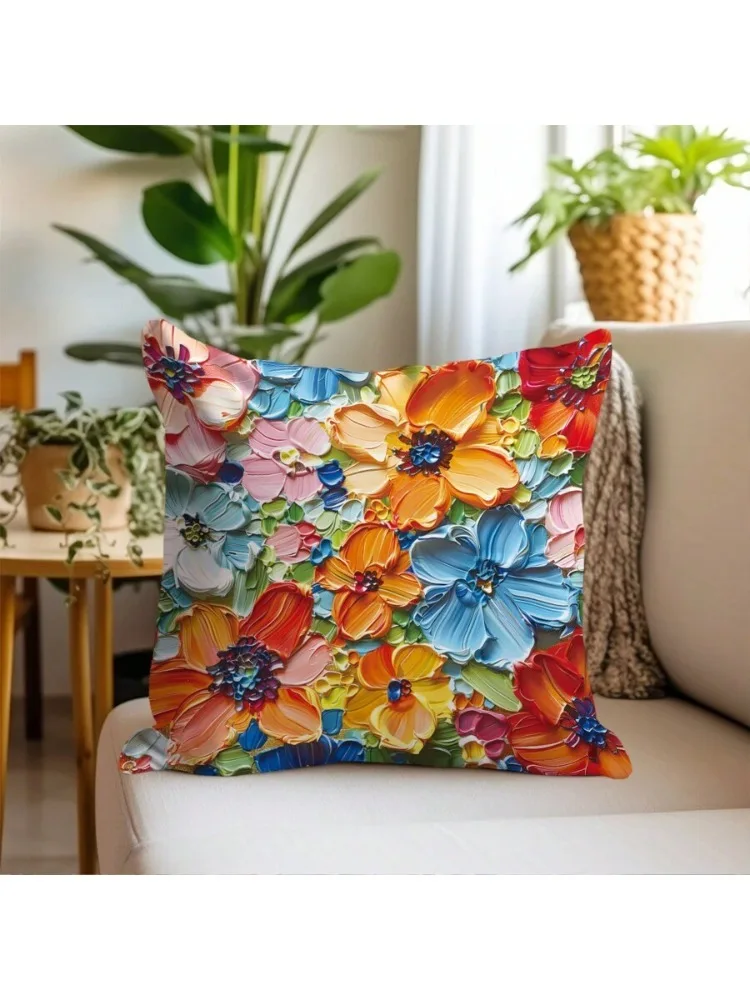 1pc Colorful Impressionist Flower Pillow Cover, 2D Double-Sided Print Soft Polyester Cushion Case for Home Sofa Bedroom Decor