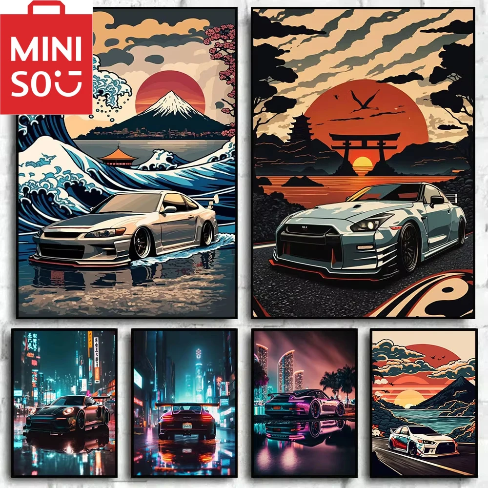 MINISO Oil Painting By Number Retro Trending Super Car  Home Decoration Vintage Wall Bedroom  Living Room Decor Gift Frameelss