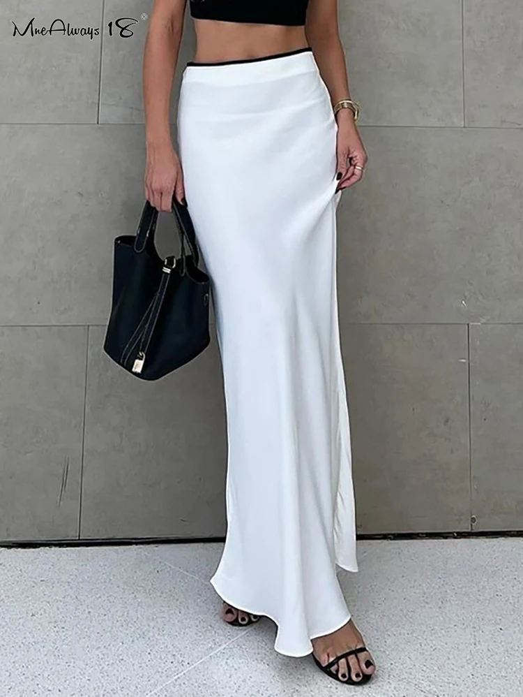 Mnealways18 Elegant White Patchwork Fishtail Skirts Satin High Waist Office Long Skirts Ladies Autumn Winter 2024 Zipper Skirts