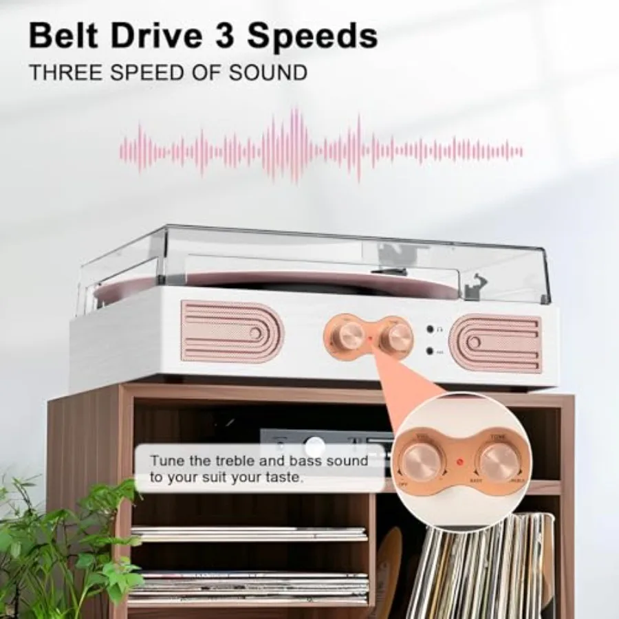Vinyl Record Player with Built-in Speakers 3-Speed Vintage Record Player Support Trebleand Bass Control, 3.5mm Headphone Jack, view 2