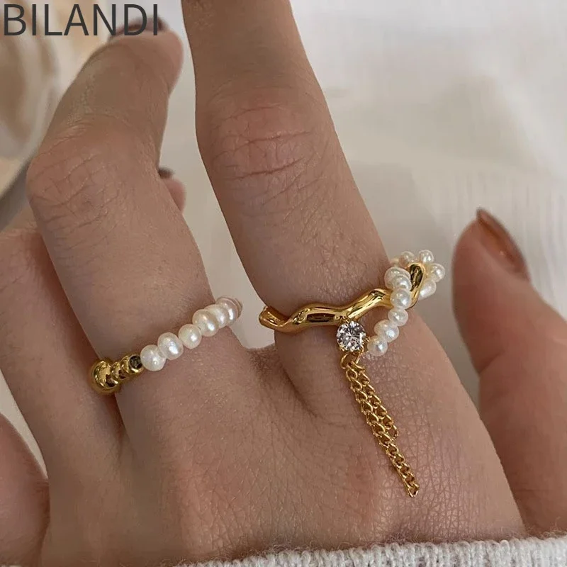 

Bilandi Trendy Jewelry One Row Gold Color Chain Tassel Simulated Pearl Rings For Women Girl Gift Hot Sale Popular Style