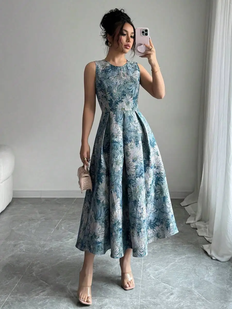 

Women's Sleeveless Crew Neck Waist-Cinched Floral Print Midi Dress