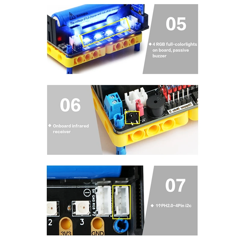 마이크로 비트 V2.0 용 익스텐션 보드, 온보드 적외선 리시버, 4 RGB 조명, 8 서보 및 4 DC 모터 지지대