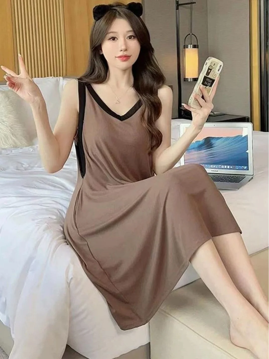Summer V-Neck Sleeveless Strap Sleep Dress plus Size Loose Comfortable Home Clothes Women Fashionable Color Block Decorative