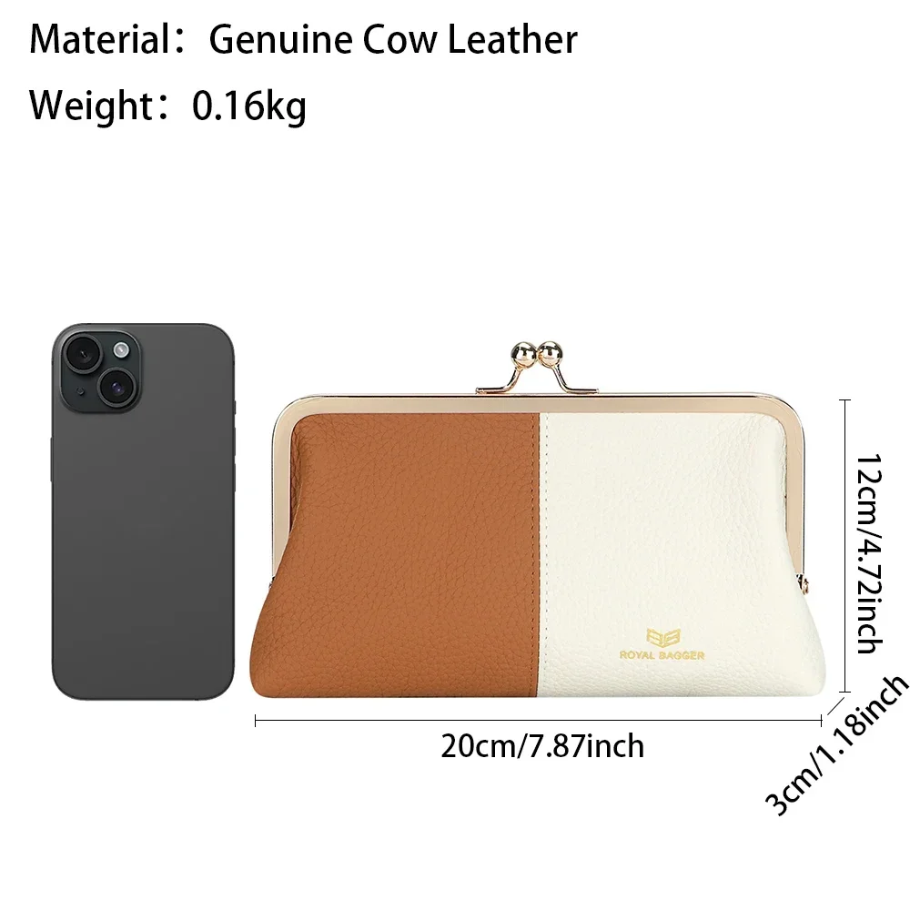 Royal Bagger RFID Clutch Purses for Women, Genuine Leather Evening Bag with Kiss Lock, Multi Layer Mobile Phone Wallet 1946