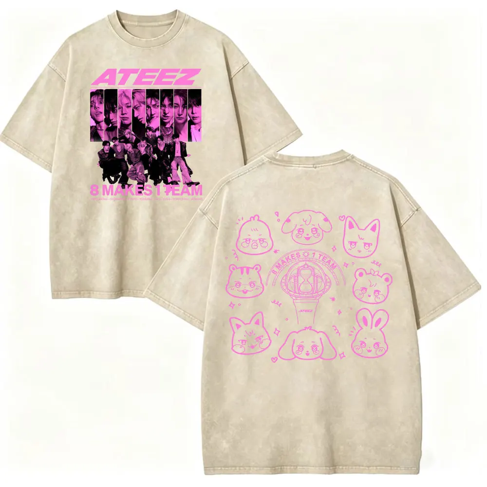 Vintage Washed Kpop Ateez Double Sided Graphic T Shirts Men Women Fashion Cartoon T-shirt Summer Casual Short Sleeve T-shirts