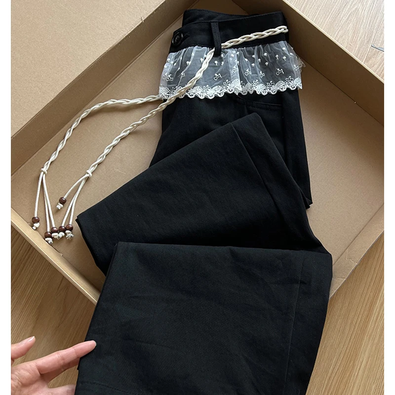 

Кружевные лоскутные черные джинсовые брюки женские ранняя осень с высокой талией широкие длинные брюки женские повседневные джинсовые брюки