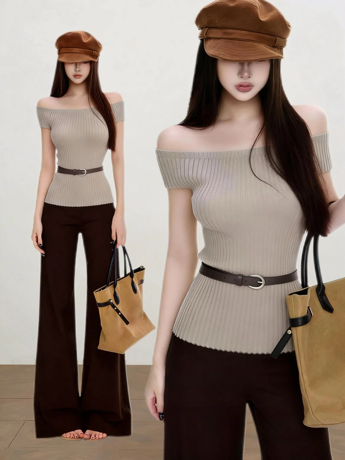 

Изысканный вязаный комплект с расклешенными брюками, нежный дизайн с поясом на одно плечо, облегающий крой, высокая талия, универсальный летний модный образ