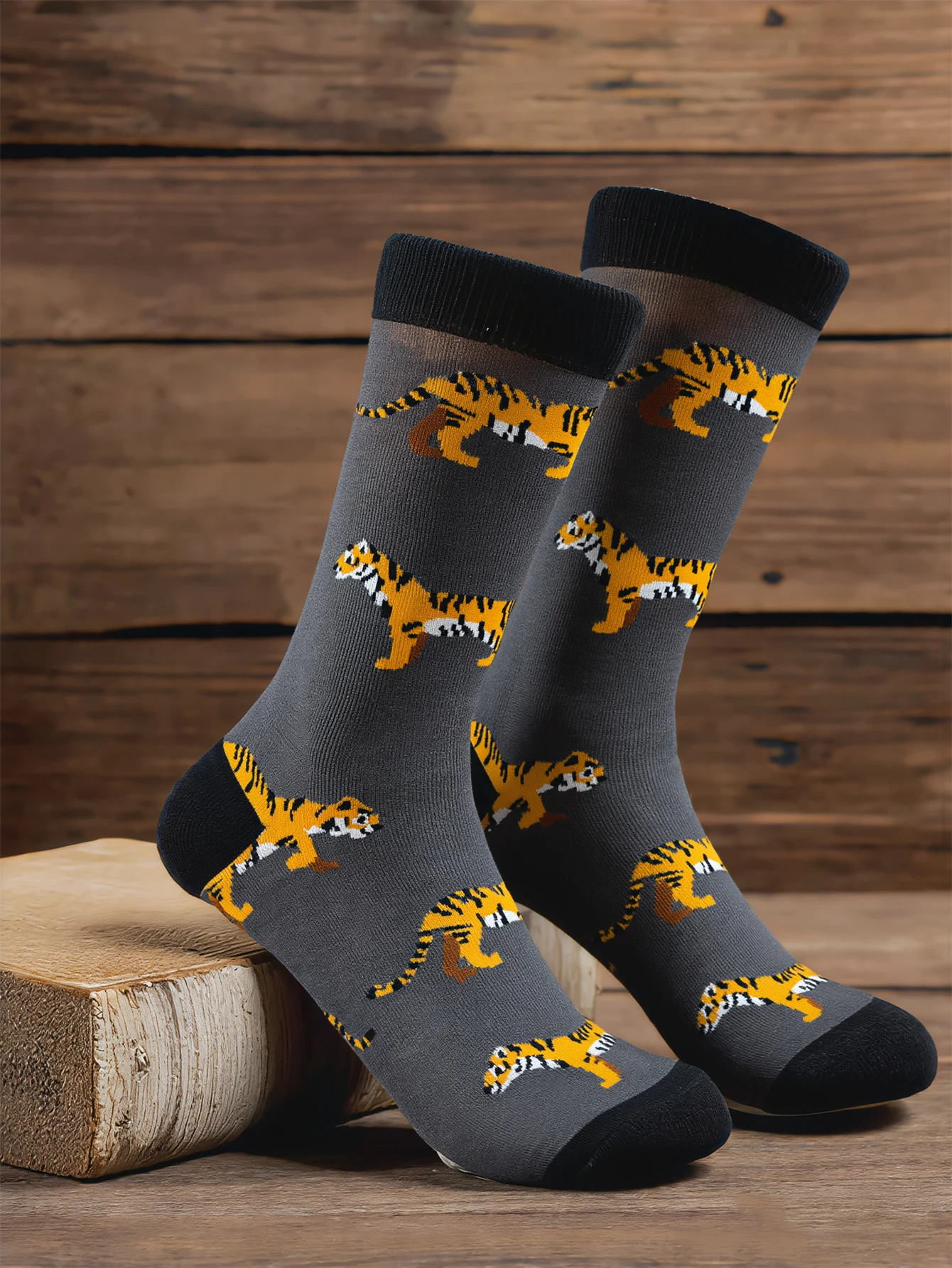1 Pairs Men's Cartoon Cute Tiger Print Cotton Socks Novelty Funny Animal Pattern Mid-Calf Socks Skateboard Socks Men New