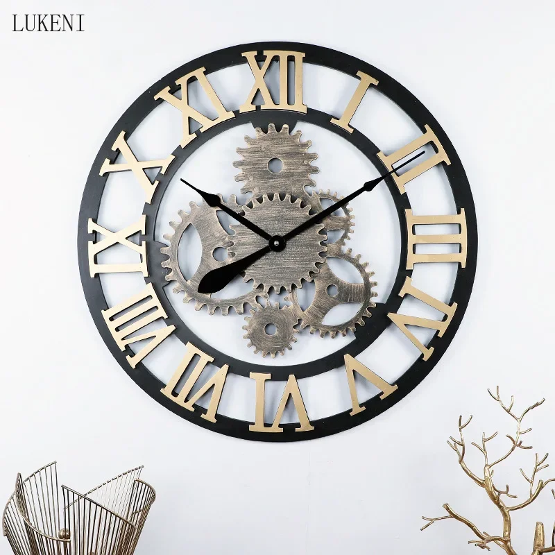 Retro Creative 70cm Large Size Round Wall Clock Roman Numeral Gear Wall Clock Hall Quartz Clock Watch Hanging Decorations