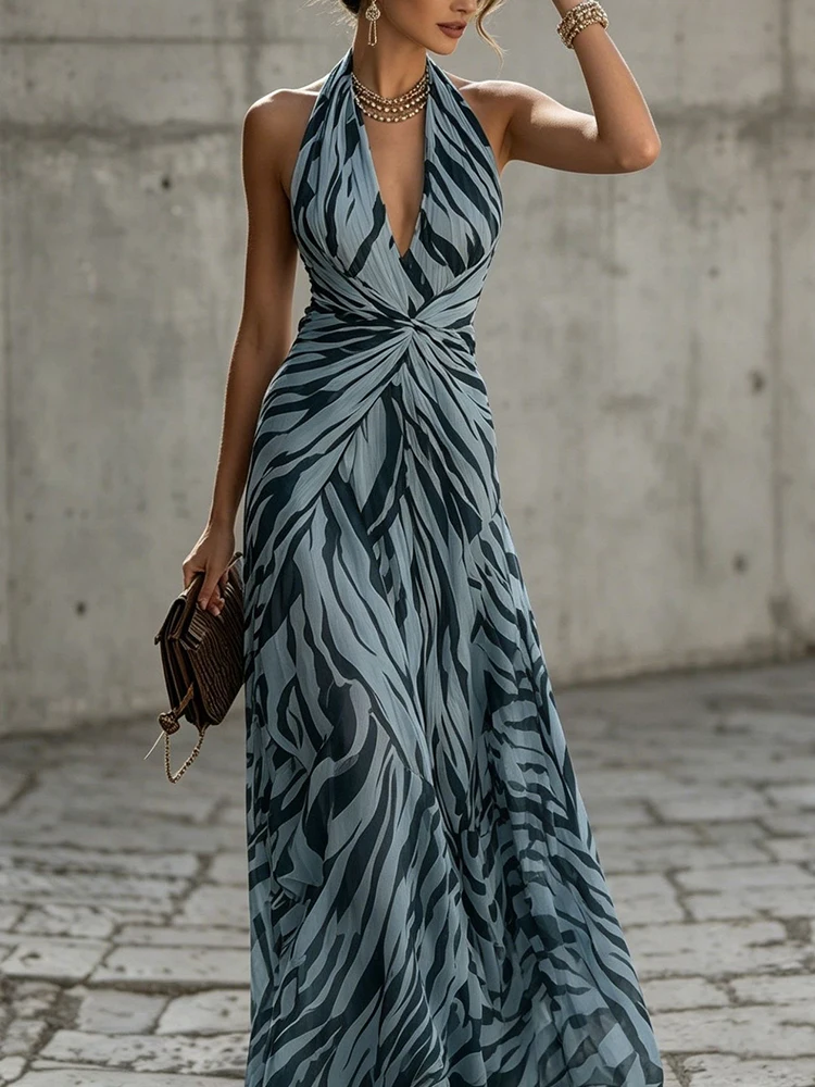 Sexy Halter Sleeveless Bohe Party Dress Women's Elegant Hight Waist Slim Long Dresses Fashion Pattern Print Draped Holiday Dress