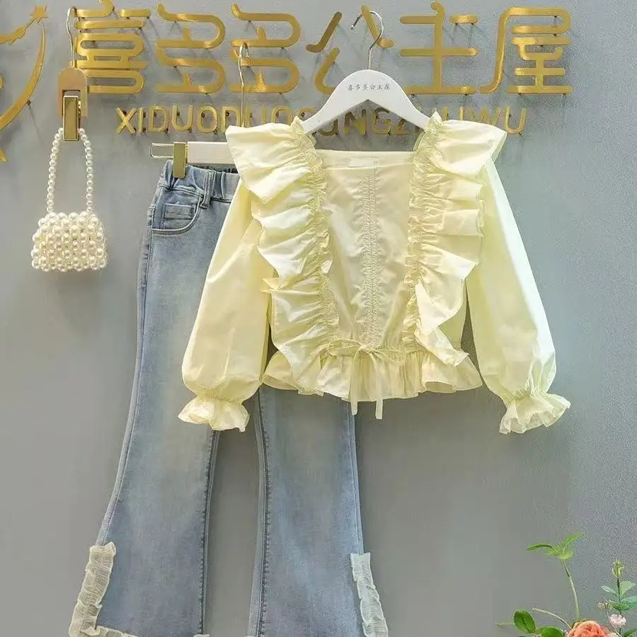 

4-12Y Kids Girls Sweet Set 2025 Spring New Little Girl Square Collar Ruffled Style Shirt Jeans Two-piece Set 110-160cm