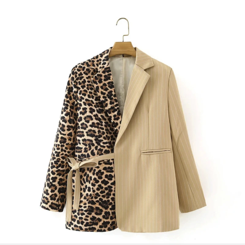 2024 Color Clash Lace Up Blazers Women's Jackets Spring New Outerwears Leopard Prints Coat Spliced Fashion Youth Clothing Belted