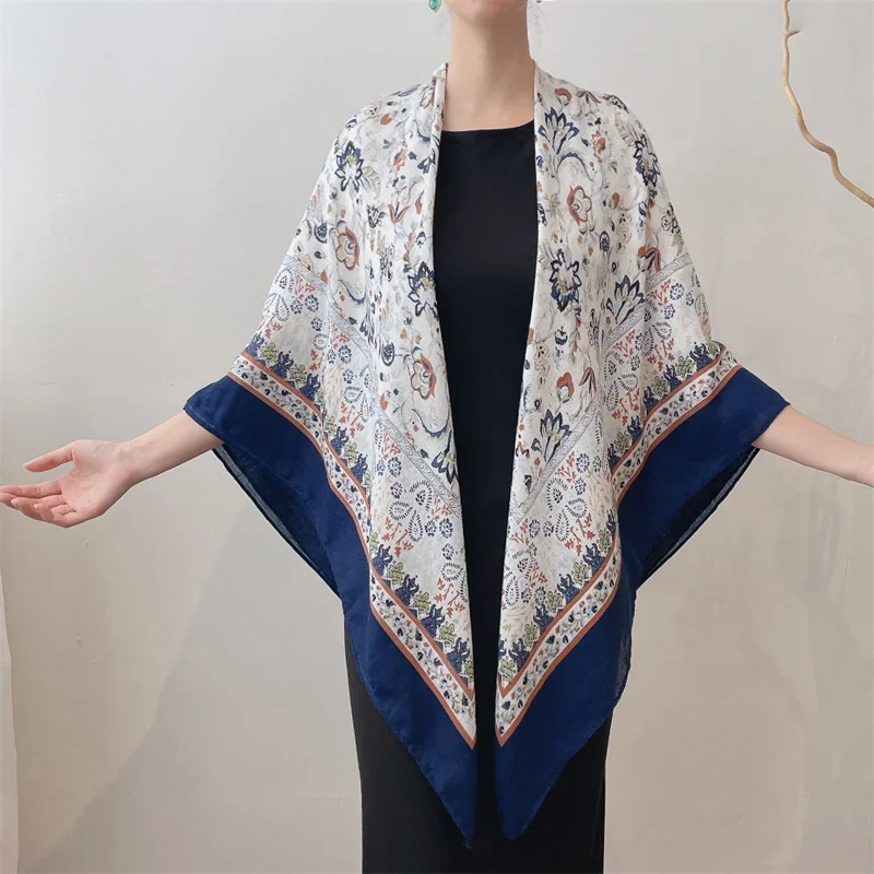 

2025 Fashion Oversize Square Luxury Floral Viscose Shawls And Wraps Beach Cover Pashmina Stole Bufandas Muslim Sjaal 135*135Cm