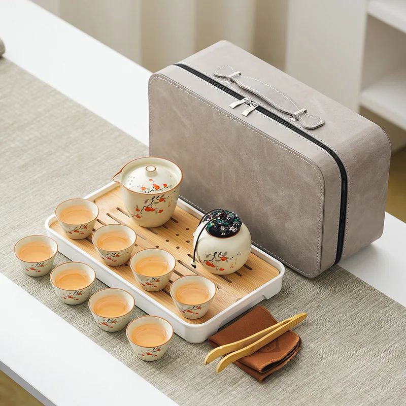 Retro Portable Ru Kiln Beige Camping Travel Ceramic Tea Set with Tray Tea Canister 8 Cups Customizable Business Home Gift