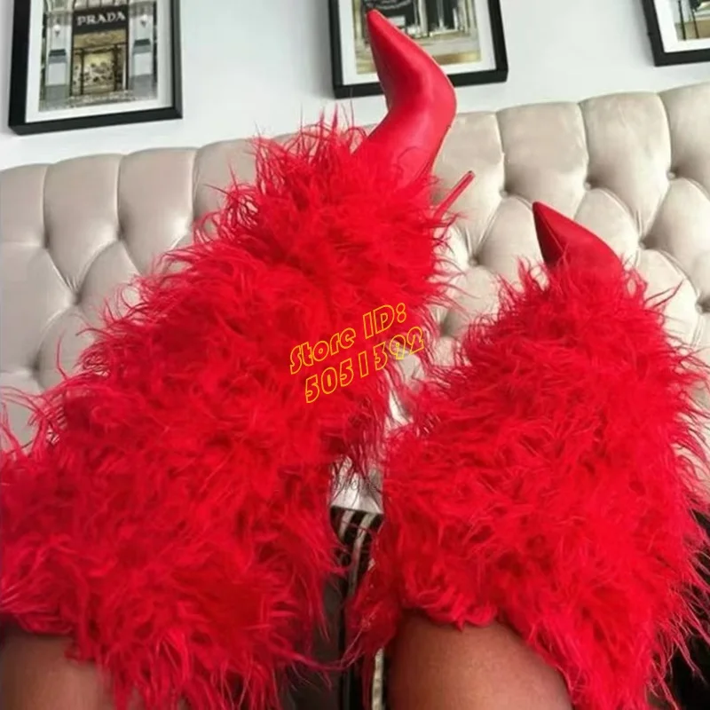 

Fur Red Knee High Boots Stiletto Thin High Heel Zipper Sexy Pointy Toe Stiletto Thin High Heel Black White Furry Winter Boots