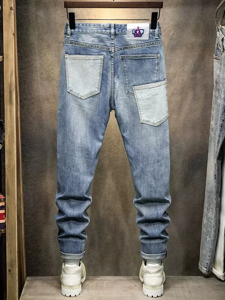 Fashion Trendy Men Jeans Spliced Designer Retro Blue Stretch Slim Fit Ripped Jeans Men Multi Pockets Hip Hop Denim Pants Hombre