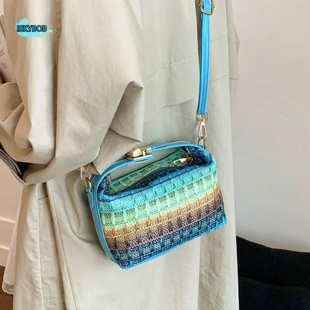 

Summer Ethnic Style Weave Handbag Trendy Leisure Straw Crossbody Bag Square PU Leather Women Shoulder Bag Summer