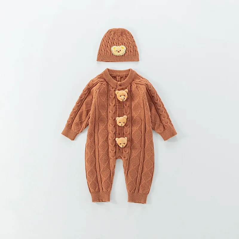 Baby Boys Romper Spring Autumn 0-2 Year Plaid Jacquard 3D Bear Knitted Infant Boys Jumpsuit Casual Exterior Newborn Boy Bodysuit